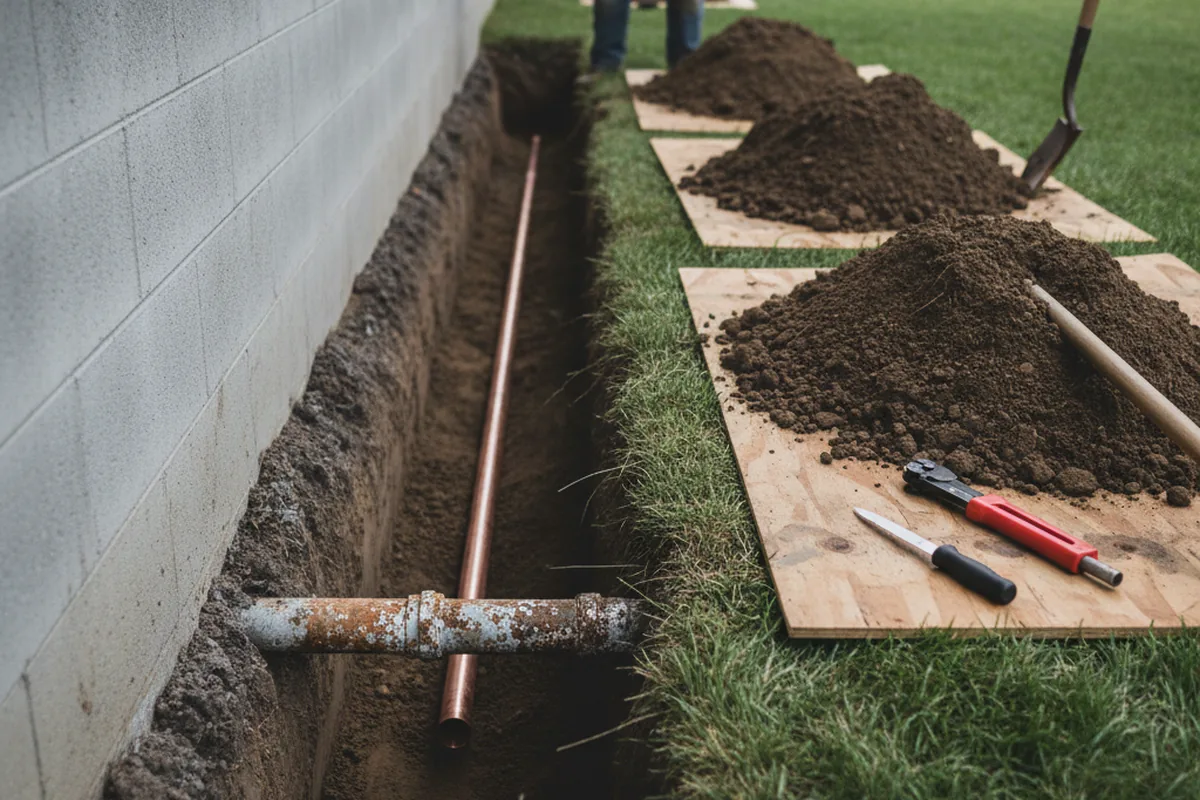 Excavated water line trench during Sewer Line Repair in Fanwood